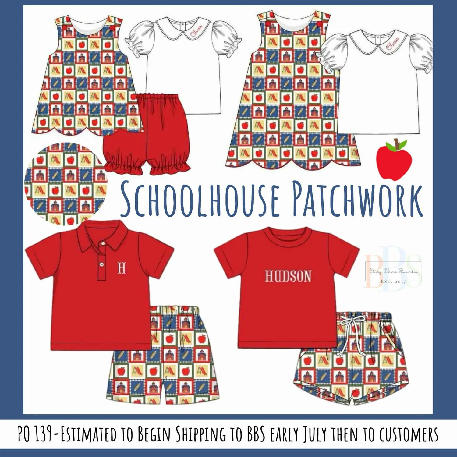 Busy Bee Smocks Schoolhouse Patchwork poloset 2T jongens