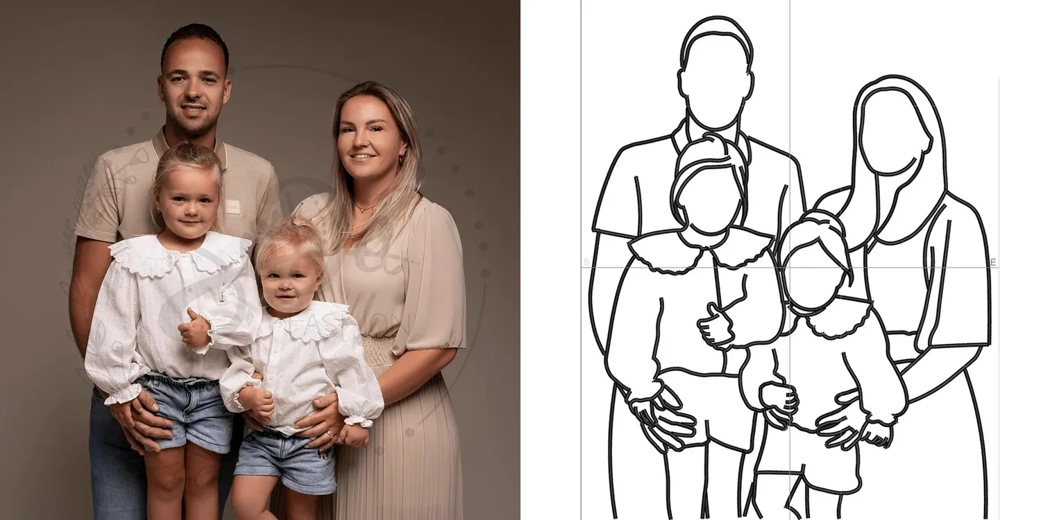 Soda Fashion borduurring lijntekening familieportret