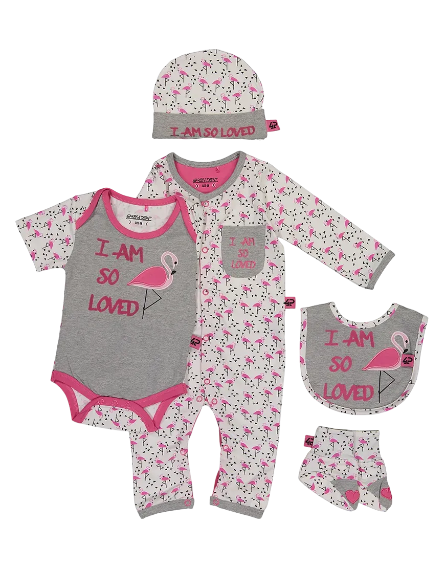 4President Baby Giftset Flamingo katoen 5-delig
