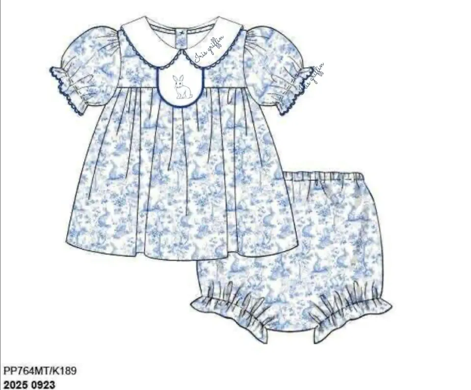 Busy Bee Smocks Bunny Toile bloomer set geweven maat 2T