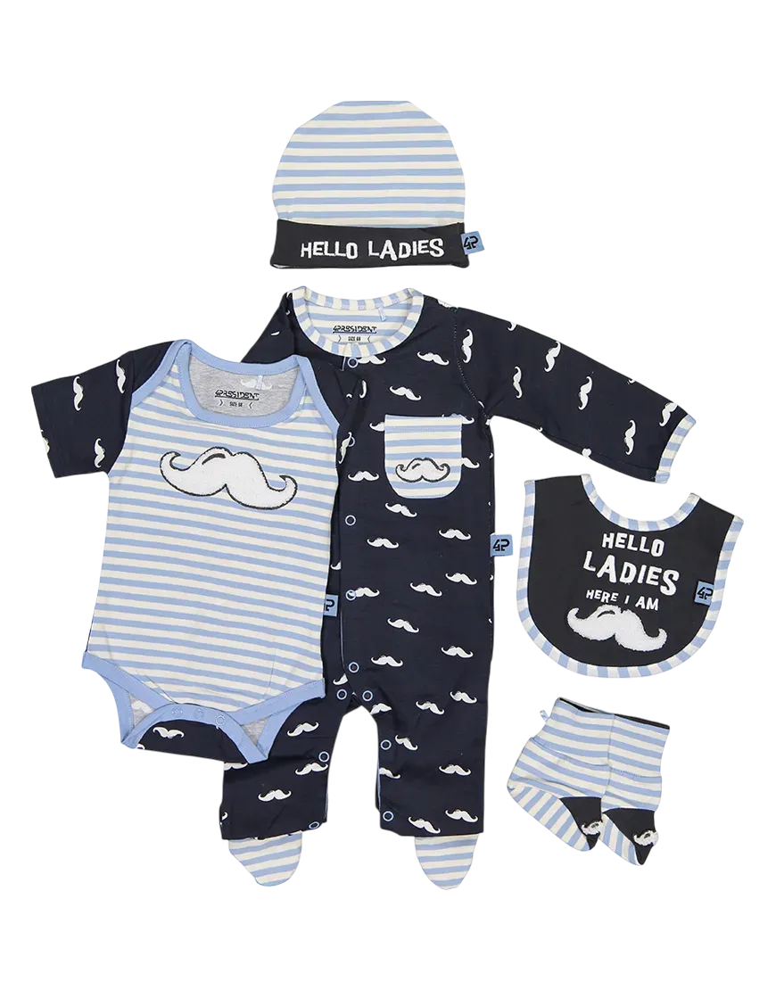 4PRESIDENT Baby Giftset Moustache 5-delig katoen